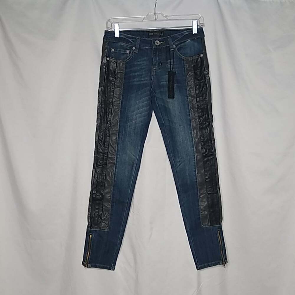 Karma Blue Women's Faux Leather Striped Jeans Sz3